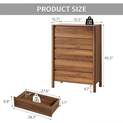 45" Tall Walnut 5 Drawer Dresser for Bedroom with Solid Wood Legs, view 3