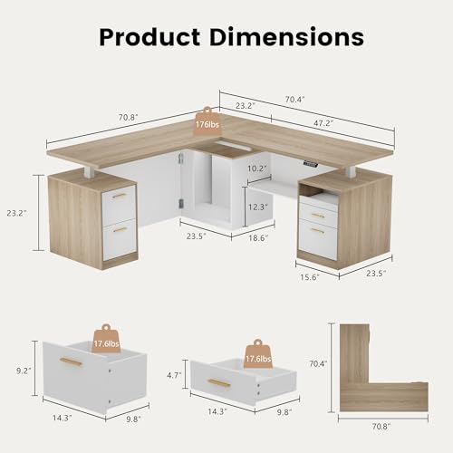 71" L-Shaped Standing Desk with Mobile File Cabinet, Light Walnut, view 3