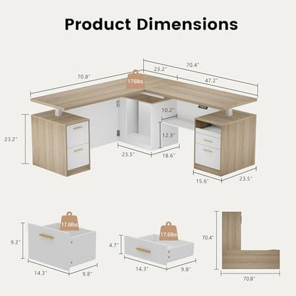 71" L-Shaped Standing Desk with Mobile File Cabinet, Light Walnut, view 3