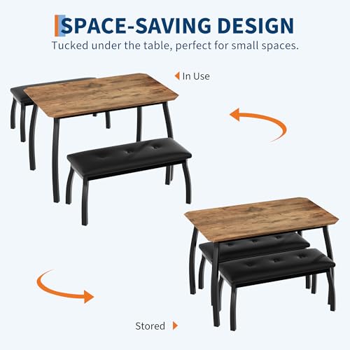 Dining Table for 4, 3-Piece Kitchen Table Set for 4 with Wooden Tabletop and Metal Frame, Industrial Kitchen Table with 2 PU Leather Benches for Bar, Dining Room, Restaurant(43''x28''x30''), Retro
