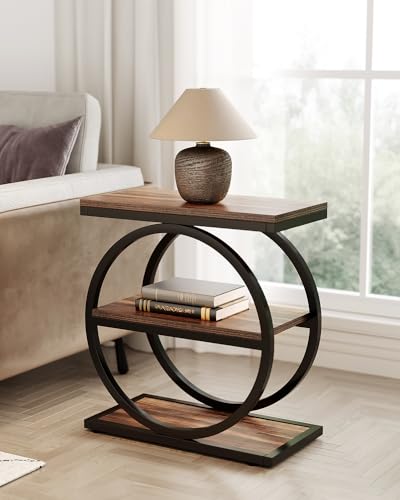 End Table, 3-Tier Side Table, Slim Sofa Side Table for Living Room, Tall Bedside Table Nightstand for Bedroom, Rustic Brown and Black