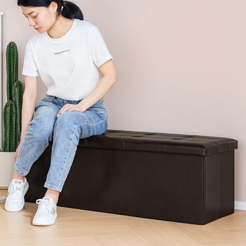 Folding Storage Ottoman Bench, Brown Faux Leather Long Storage Chest Footstool Seat, Bench for Bedroom and Hallway, 43.3"x15.7"x15.7"