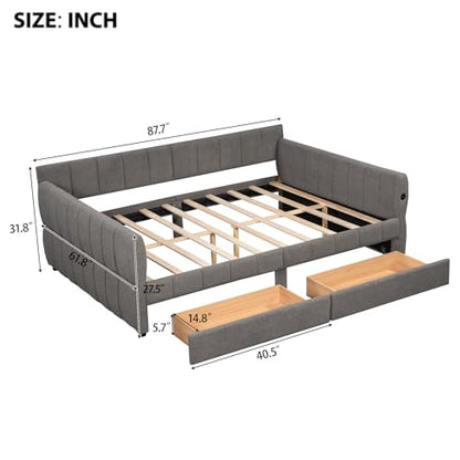 Queen Size Upholstered Daybed Sofa Bed with 2 Drawers, Lambswool Upholstered Platform Bed with USB for Bedroom Living Room Guest Room (Gray-@045)