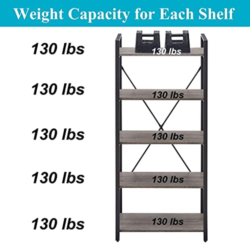 Industrial Bookshelf, Etagere Bookcases and Book Shelf 5 Tier Shelves, Grey Wood and Metal Shelving Unit (Dark Gray Oak)