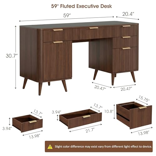 59" Fluted Executive Desk with 5 Drawers & Charging Station,Walnut, view 3
