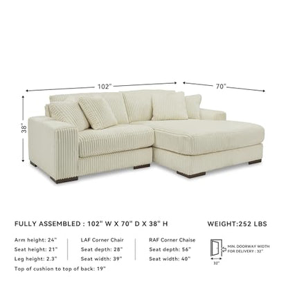 Signature Design by Ashley Lindyn Sectional Couch with Chaise, Cloud-Like Plush Seating, Velvet Upholstery with Cord Texture, Contemporary Living Room Furniture, Ivory, 99"W x 70"D