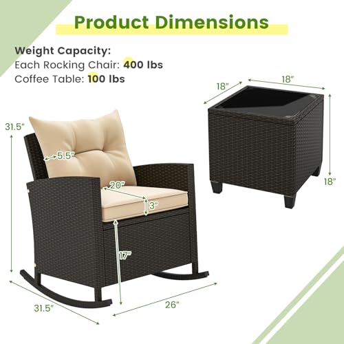 3 Piece Patio Furniture Rocking Bistro Set, Wicker Outdoor Rocking Chairs & Glass Table, PE Rattan Conversation Set for Porch, Balcony, Deck, Poolside (Mix Brown- Beige)