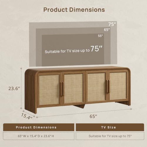 65'' Rattan TV Stand with Storage for 75" TV, view 2