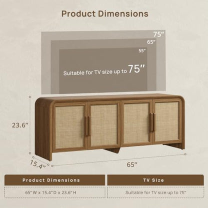 65'' Rattan TV Stand with Storage for 75" TV, view 2