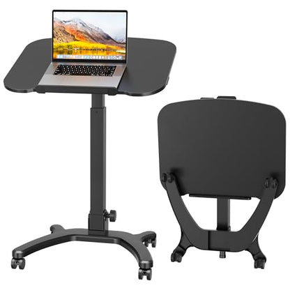 Mobile Foldable Standing Desk, Portable Adjustable Height Desk with Gas Spring, Small Rolling Laptop Desk with Wheels for Home, Office, Bedroom, and Medical Use, 25.6" x 19.7" Desktop, Black
