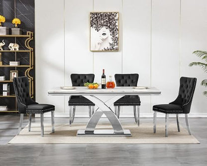 68.11" White Dining Table, Luxurious Marble Table Dining with 0.71" Thick Printed Marble Tabletop and Silver Stainless Steel Pedestal, Modern Kitchen Dining Room Table for 8