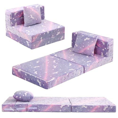 Foldable Futon Chair Bed for Kids, Glow Tri-Fold Sofa Bed Convertible Toddler Sofa Mattress, Foam Floor Couch for Sitting, Purple