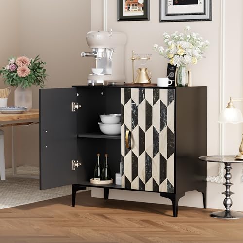 Marble Buffet Cabinbet 2 Pieces with Storage Sideboard Faux Marble Doors Buffet, view 5