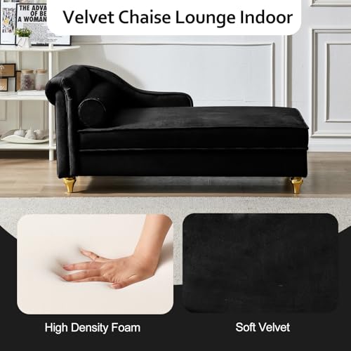 60" Black Velvet Chaise Lounge Indoor with Storage & Gold Metal Legs, view 4