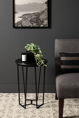 Solvay Round Metal and Wood Side Table; 16 x 16 x 24; Black; Modern Bedroom Nightstand Table with Solid Mango Wood Tabletop and Iron Base