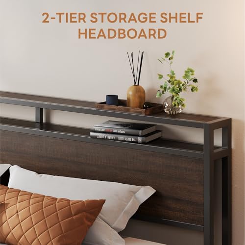 California King Bed Frames with 2-Tier Storage Shelf Headboard, view 4