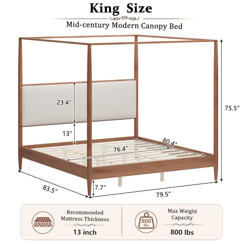 King 4-Poster Wood Canopy Bed with Boucle Headboard, Walnut, view 3