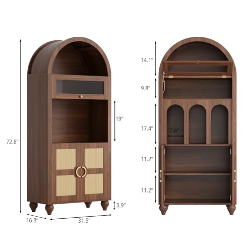 72.8'' Tall Arched Cabinet with LED Light, Rattan Door, Walnut, view 3