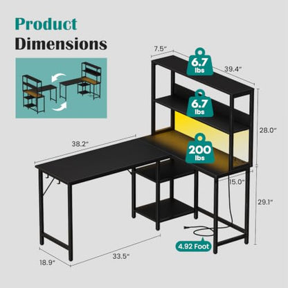 L Shaped Desk, Gaming Desk, LED Lights, 53 Inch, view 4