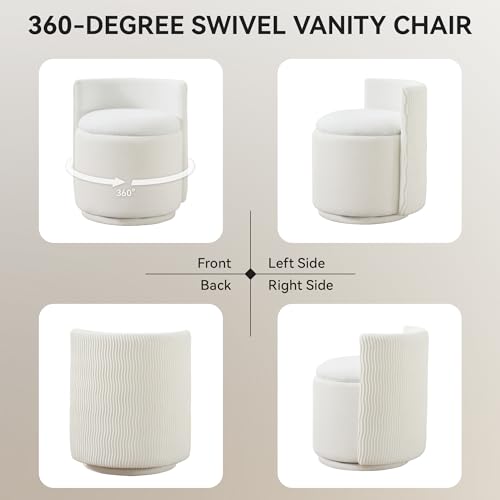 Velvet Vanity Chair with Storage, 360° Swivel Makeup Chair with Wave Back, No Assembly Small Accent Stool for Bedroom, Dressing, Living Room, White
