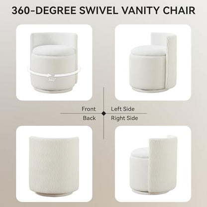 Velvet Vanity Chair with Storage, 360° Swivel Makeup Chair with Wave Back, No Assembly Small Accent Stool for Bedroom, Dressing, Living Room, White