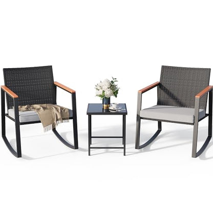 3 Pieces Rocking Patio Bistro Set with Anti-Scald Armrest, Outdoor Patio Wicker Furniture Set with Glass Table and Cushion for Garden, Yard, Porch
