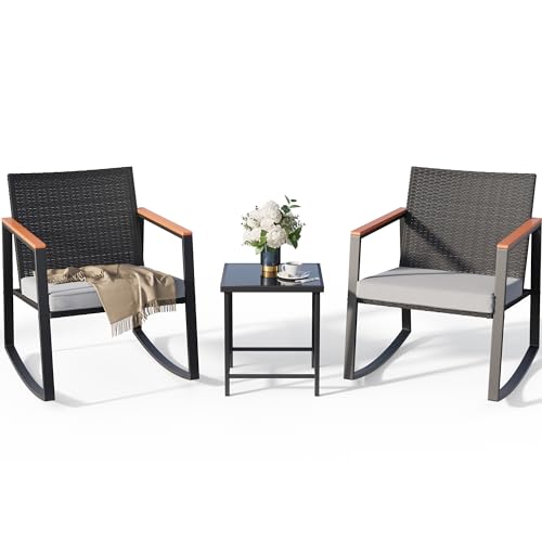 3 Pieces Rocking Patio Bistro Set with Anti-Scald Armrest, Outdoor Patio Wicker Furniture Set with Glass Table and Cushion for Garden, Yard, Porch