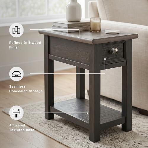 Signature Design by Ashley Narrow Side Table with Charging Station, Tyler Creek Chairside End Table, Wood, Smooth-Gliding Storage Drawer, Living Room Furniture, Grayish Brown/Black