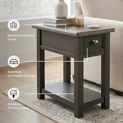 Signature Design by Ashley Narrow Side Table with Charging Station, Tyler Creek Chairside End Table, Wood, Smooth-Gliding Storage Drawer, Living Room Furniture, Grayish Brown/Black