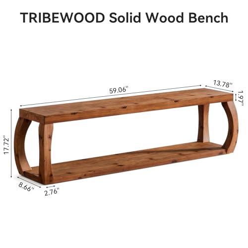 59" Long Solid Wood Dining Bench with 2-Tier Design | Farmhouse Entryway Bench with Open Shelves for Kitchen, Entry, Living Room, Bedroom, Hallway, Rustic Brown