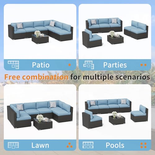 7-Piece Outdoor Patio Furniture Black Rattan Wicker Sectional Sofa Conversation, view 6