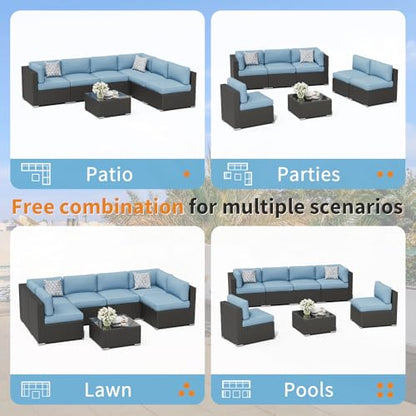 7-Piece Outdoor Patio Furniture Black Rattan Wicker Sectional Sofa Conversation, view 6