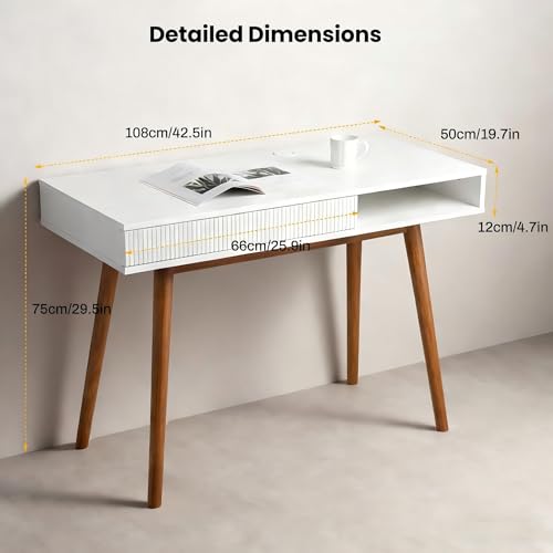White Wood Desk with Drawer, 42" Mid Century Modern Writing Desk, view 4