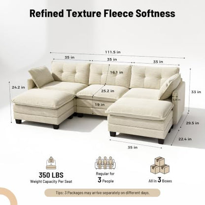111.5" U Shaped Modular Sectional Sofa, Beige Corduroy, view 3