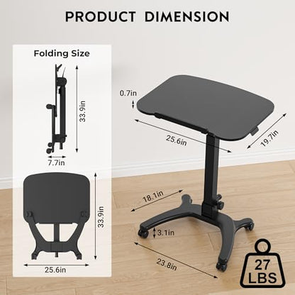 Mobile Foldable Standing Desk, Portable Adjustable Height Desk with Gas Spring, Small Rolling Laptop Desk with Wheels for Home, Office, Bedroom, and Medical Use, 25.6" x 19.7" Desktop, Black