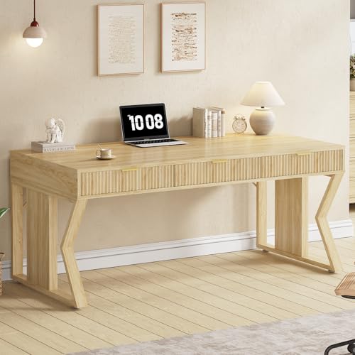 55" Executive Office Desk with 3 Drawers, Home Office Desk with Storage Drawers, Computer Writing Desk Study Table, Natural Oak