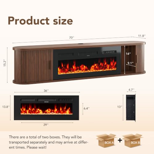 70" Floating TV Stand with Electric Fireplace, Wall Mounted Fireplace TV Stand, view 3