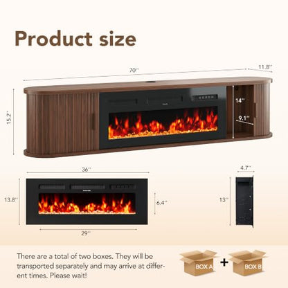 70" Floating TV Stand with Electric Fireplace, Wall Mounted Fireplace TV Stand, view 3