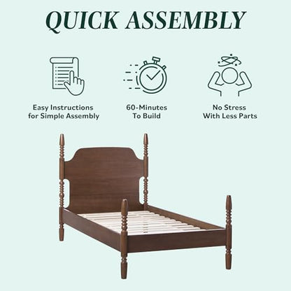 EZ Assembly Traditional Wood Spindle Bed, Vintage Bed Frame, No Box Spring Required, Twin Bed Frame with Headboard, Twin Size, Dark Brown