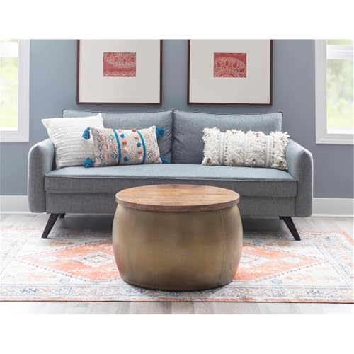 Large Drum Accent Table, 27.5 in, Mango Wood & Hammered Brass Finish, Hidden Storage, Modern Coffee Table or Ottoman, Handcrafted Decorative Furniture for Living Room or Bedroom