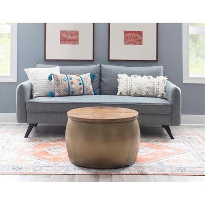 Large Drum Accent Table, 27.5 in, Mango Wood & Hammered Brass Finish, Hidden Storage, Modern Coffee Table or Ottoman, Handcrafted Decorative Furniture for Living Room or Bedroom