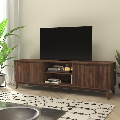 Hatfield Mid-Century Modern TV Stand For 65+ Inch TV's - Walnut Laminate Finish - 70 Inch Media Center - Adjustable Center Shelf - Soft Close Doors