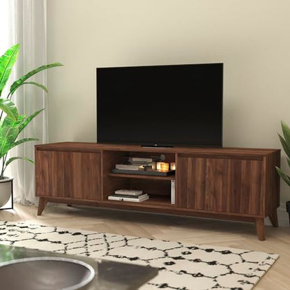 Hatfield Mid-Century Modern TV Stand For 65+ Inch TV's - Walnut Laminate Finish - 70 Inch Media Center - Adjustable Center Shelf - Soft Close Doors