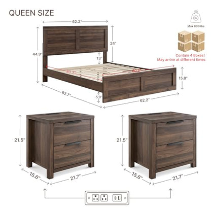 3 Pieces Bedroom Set, Wood Bed Frame with Upholstered Headboard & 2 Nightstands with Storage, Wooden Platform Mattress Foundation Farmhouse Bedroom Furniture Set