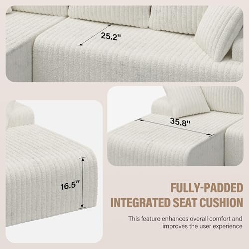 96" Modular Sectional Sofa Couches, L-Shaped Boneless Cloud Sofa with 3 Deep Seat, 5 Cushiones Oversized Chaise for Living Room, Bedroom, Plush Corduroy Fabric (Left, Beige)