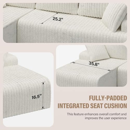 96" Modular Sectional Sofa Couches, L-Shaped Boneless Cloud Sofa with 3 Deep Seat, 5 Cushiones Oversized Chaise for Living Room, Bedroom, Plush Corduroy Fabric (Left, Beige)