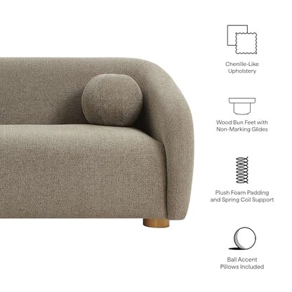 Holland 85 Inch Minimalist Curved Back Sofa in Taupe – Chenille Fabric Sofa with Ball Throw Pillows and Wood Feet – Modern 3-Seater Couch for Living Room