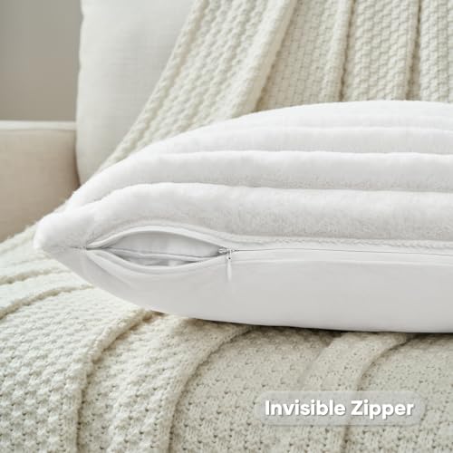 Pack of 2 Fluffy Faux Fur Throw Pillow Covers 18x18 Inch Elegant Striped Textured Decorative Cushion Cases Modern Accent Pillow for Couch Bed Living Room, White