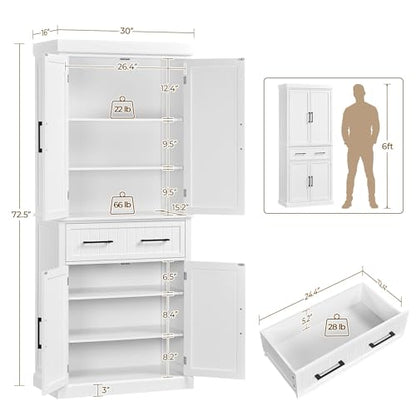 Yaheetech Kitchen Pantry Storage Cabinet with 4 Doors and 2 Adjustable Shelves, 72.5" Freestanding Tall Cupboard Cabinet with Drawer for Dining/Living Room, White