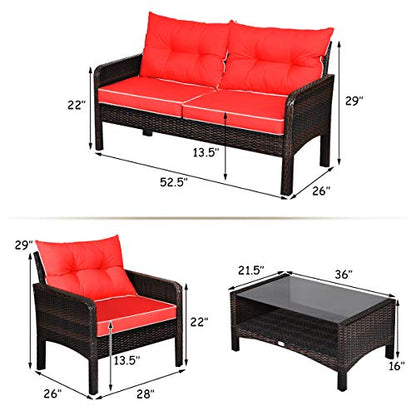 4 Piece Patio Furniture Set, Outdoor Wicker Conversation Set with Glass Top Coffee Table, All Weather Proof and Thick Cushions, Suitable for Porch, Garden, Poolside and Lawn (Red)